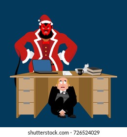 Businessman scared under table of Krampus. frightened business man under work board. bad behavior. Boss fear office desk. To hide from Christmas. Vector illustration