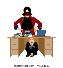 Businessman scared under table of pirate.  To hide from robbery. frightened business man under work board. filibuster brigandage. Boss fear office desk. Vector illustration