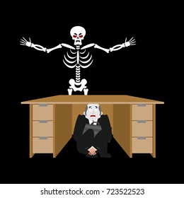 Businessman scared under table of skeleton. frightened business man under work board. does not want to die. Boss fear office desk. To hide from death. Vector illustration