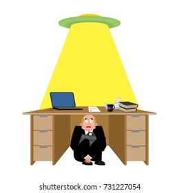 Businessman scared under table of UFO. frightened business man under work board. aliens. Boss fear office desk. To hide from kidnapping. Vector illustration