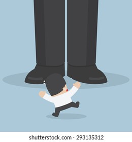 Businessman scared when he standing in front of giant foot, VECTOR, EPS10