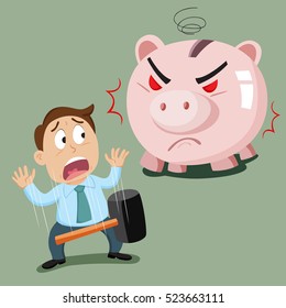 Businessman scared while attempting to break a piggy bank, vector illustration cartoon