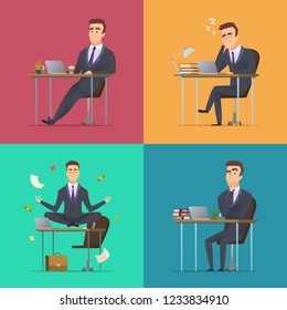 Businessman scenes. Office manager or director various poses sitting desk works sleeping meditates thinking wor routine vector concept