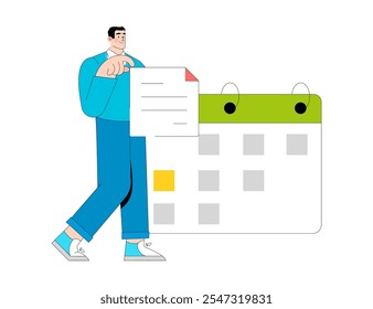 Concepto de horario de hombre de negocios. Un hombre profesional interactúa con un calendario gigante, gestionando las tareas y el tiempo de manera efectiva. Cumplimiento de plazos y estrategia de planificación. Ilustración vectorial.