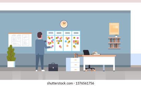 businessman scheduling his work agenda weekly meeting schedule task board with sticky notes business planning news events timetable concept office interior horizontal full length flat