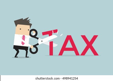 Businessman With Scissors Cutting Big T Letter Vector Illustration. Reduce Tax Business Concept.