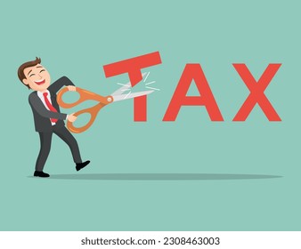Businessman with scissors cutting big tax letter, illustration vector cartoon
 