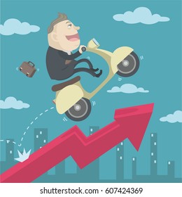 Businessman with a scooter over growing charts