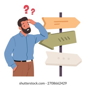 Hombre de negocios rascándose la cabeza pensando duro mirando confundido de pie antes de la Ilustración vectorial del poste de la señal de tráfico. Personaje de dibujos animados masculino que hace difícil la elección o la decisión estratégica que busca el camino