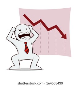 Businessman screaming feeling stressed in front of falling sales chart, vector illustration
