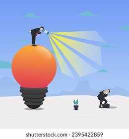 Businessman screaming in megaphone on big bulb and startled employee looking at megaphone vector illustration 