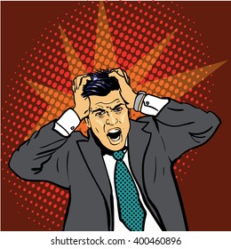 Businessman screaming. Stressed man. Vector illustration in pop art comic style, retro style 