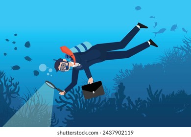 Businessman scuba diving with magnifying glass in deep blue ocean, deep dive analysis, discover business problem or improvement, strategy to develop and explore market and optimisation (Vector)