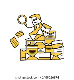 businessman search among pile of mails and documents yellow stick figure design
