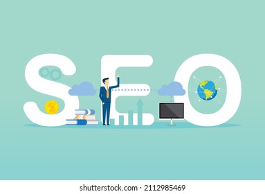Businessman and search engine optimization, find data, search box, growing up, team support, Vector illustration design concept in flat style