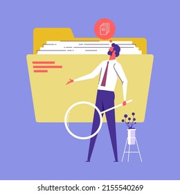 Businessman search files data with magnifying glass in folder, easy tidying up and organizing file and document in database, find errors and problems in file and paperwork vector illustration