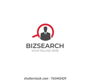 Businessman and Search Logo Template. Man and Magnifier Vector Design. Search Work Illustration