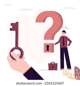 Businessman search and not find answers.  frustrated employee holds question mark. Uncertainty concept. Business trainer help overcoming business obstacles, giant hand give key. vector illustration