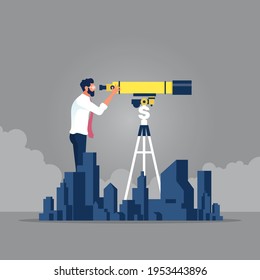 Businessman search property with telescope, Idea of real estate