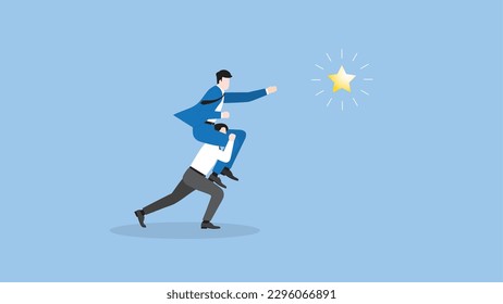 A businessman searches for success. Boss rides piggyback on an employee team staff and grabs a star. Business opportunity, ambition, intention, work hard, reach a target, goal, and idea concept.