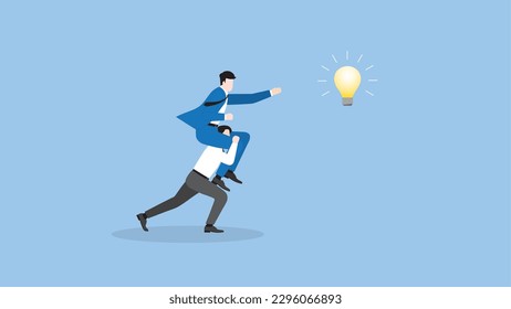 A businessman searches for success. Boss rides piggyback on an employee team staff and grabs a light bulb. Business opportunity, ambition, intention, work hard, reach a target, goal and idea concept.