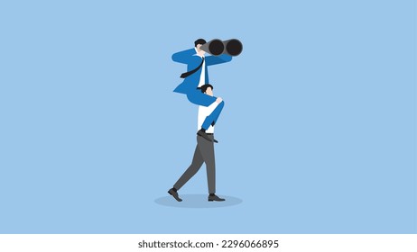 A businessman searches for success. A visionary boss uses binoculars and rides piggyback on an employee team staff. Business opportunity, challenge, ambition, intention, work hard and vision concept.