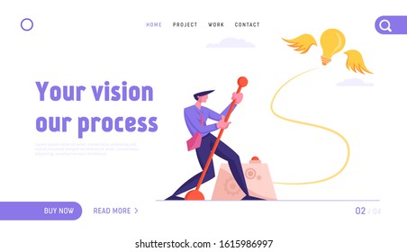 Businessman Searching Creative Idea Website Landing Page. Business Man Push Huge Lever Arm for Launching Glowing Light Bulb Flying on Wings at Sky Web Page Banner. Cartoon Flat Vector Illustration