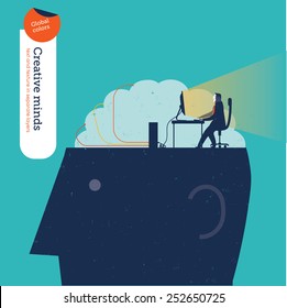 Businessman searching good ideas in the brain with a search engine. Vector illustration Eps10 file. Global colors. Text and Texture in separate layers.