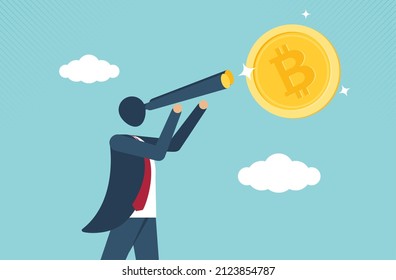 Businessman searching holding bitcoin in front of rising chart. bitcoin stock growth. chart shows a strong increase in the price of bitcoin. vector design.
