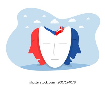 Businessman searching identity masks with happy or sad expressions, Split personality, mood changes, bipolar disorder, Vector illustration.