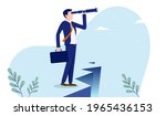 Businessman searching - Male person standing on cliff, looking for opportunities with binoculars. Employee search concept. Vector illustration with white background.