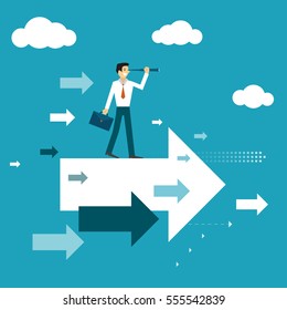 businessman searching for opportunities standing on a flying arrows. business concept illustration.