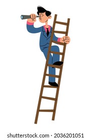 Businessman searching for target using ladder step flat vector illustration