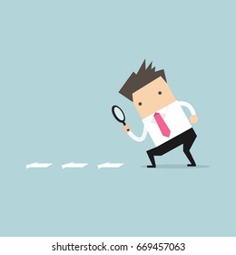 Businessman searching through a magnifying glass. Searching, details, clue concept. Flat cartoon style. Vector