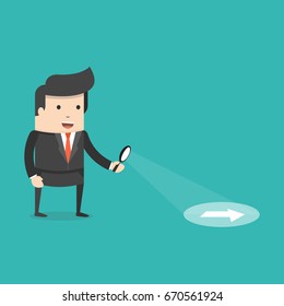 Businessman searching through a magnifying glass. Searching, details, clue concept. Flat cartoon style. Vector illustration.
