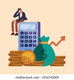 businessman seated in calculator and money vector illustration design