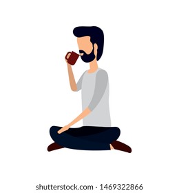 businessman seated in lotus position drinking coffee