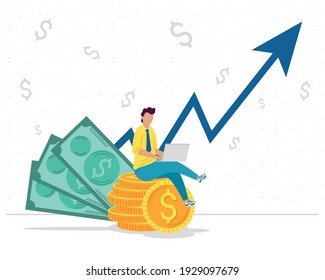 businessman seated in money statistics