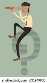 Businessman seated on a question mark and looking out with a telescope
