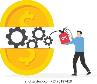 Businessman and secretary put lubricant oil on machine gear of opening money dollar coin. Financial or money liquidity to help economic stimulus, central bank monetary policy.

