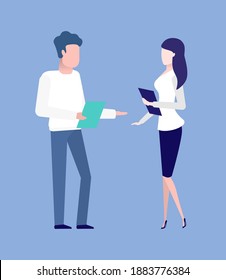 Businessman and secretary talking vector, isolated people holding documents and papers notes concerning business project and details of meeting problems