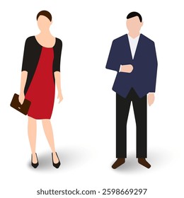 Businessman and secretary. Two office workers. Hired personnel staff. Boss and subordinate employee standing at full height. Flat vector illustration isolated on white background.