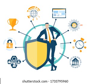 Businessman, security support team with shields representing internet security and data protection.  