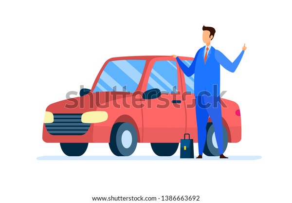 Businessman with Sedan Flat Vector Illustration.\
Happy Vehicle Owner in Suit Cartoon Character. Car Salesman,\
Dealer, Transport Showroom Agent with Briefcase. Automobile Lease\
Center, Rental\
Service