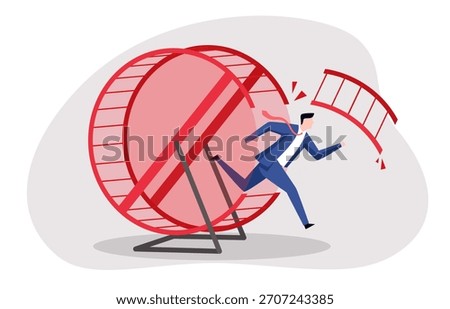 A businessman seemingly escaping a hamster wheel. It speaks to the struggle of finding meaningful work and escaping a system that traps individuals in unfulfilling routines.