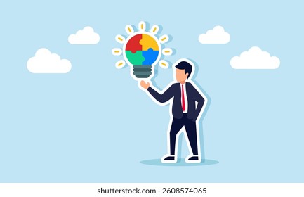 Businessman seemingly presenting a glowing lamp formed from puzzle pieces, illustration of presenting business ideas and innovations