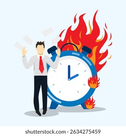 Businessman seems to be stressed by the scattered papers and big clock is burning. Deadline on task list at work concept. Overtime at work or frustated on job.