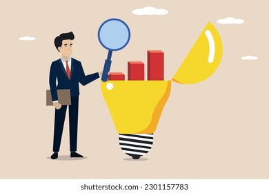 Businessman sees opportunity for success with his idea. Illustration of a businessman looking at an idea lamp that brings improvement to his business.