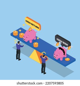 Businessman with seesaw and piggy bank - high return high risk isometric 3d vector illustration concept for banner, website, illustration, landing page, flyer, etc.