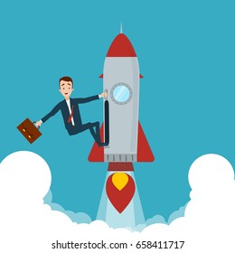 The businessman seized the rocket and flew up. One hand holds on to the rocket, in the other hand the briefcase